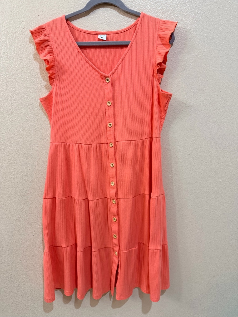 IFFEI Woman Coral Ribbed Knit Tiered Ruffle Button Front Swing Dress XL